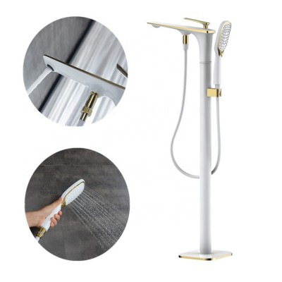 Modern Luxury Hot And Cold Brass White Gold Floor Mounted Free Standing Bath Shower Mixer Floor Stand Bathtub Faucet